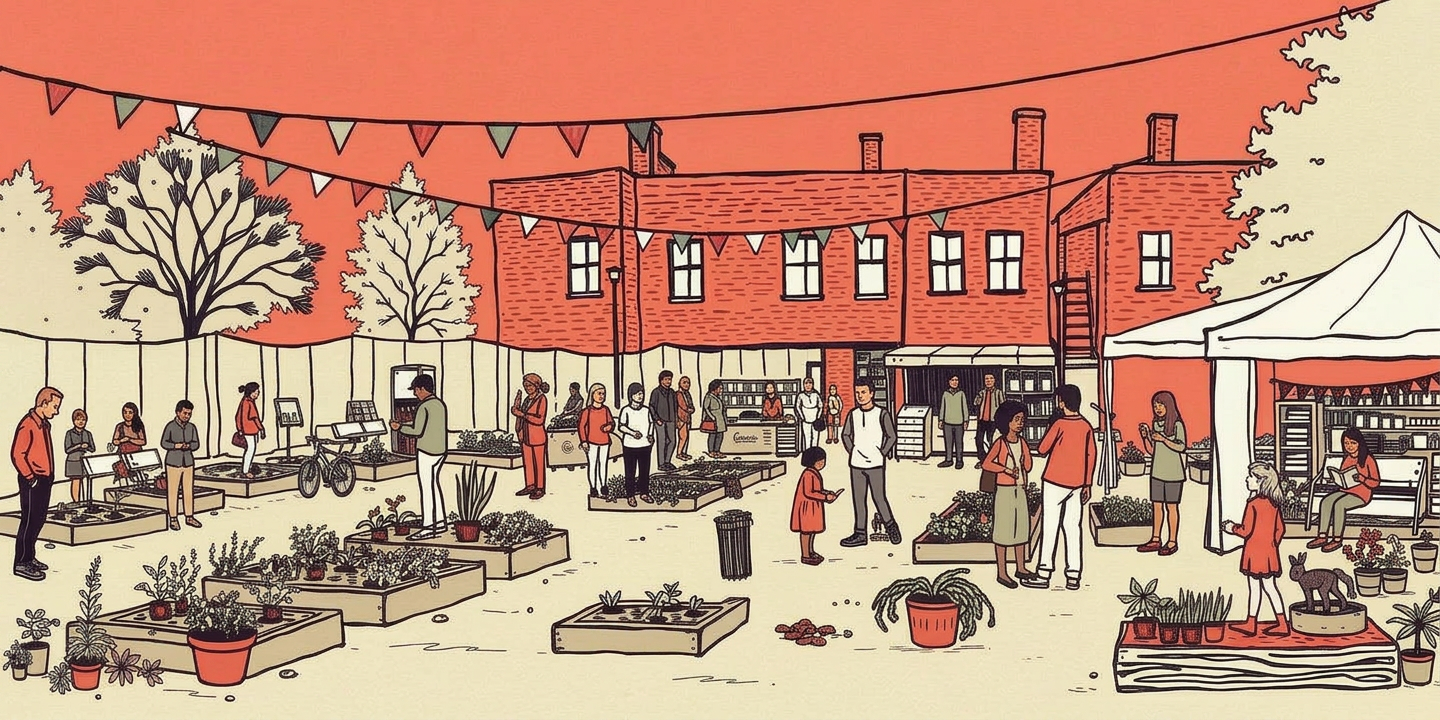 A community allotment and market square with people sharing food and gardening