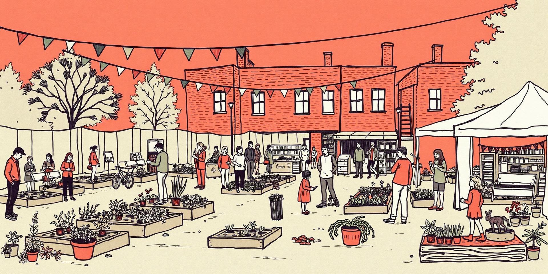 A community allotment and market square with people sharing food and gardening