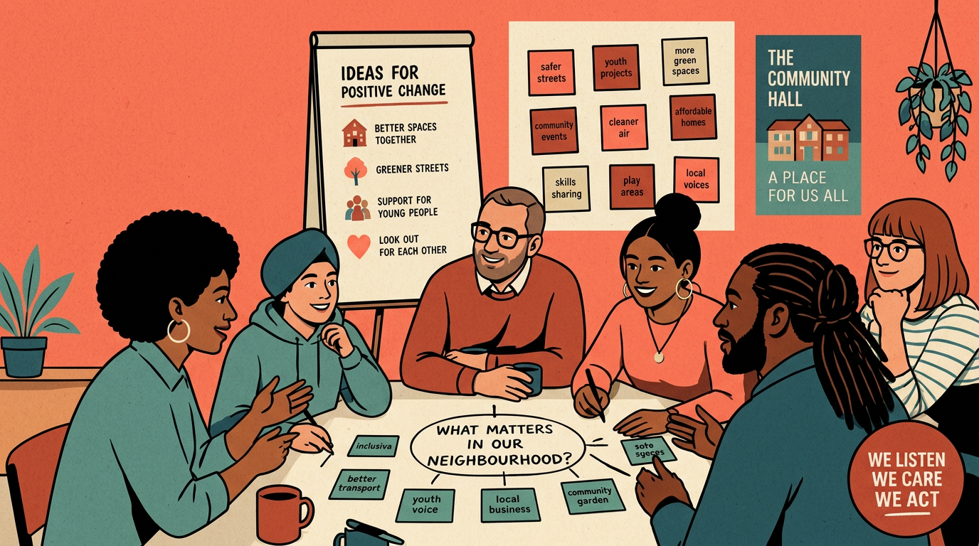 Neighbours gathered in a community hall workshopping ideas