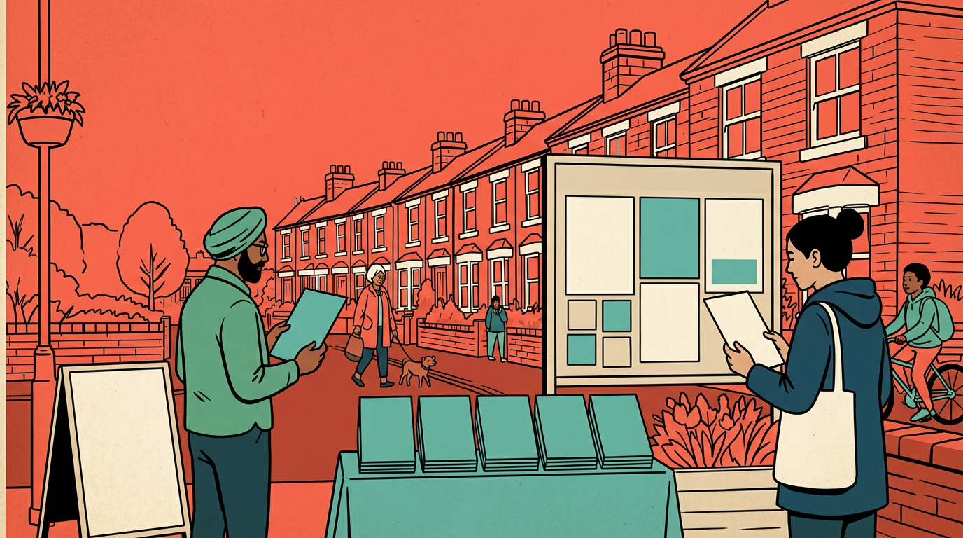 Policy pamphlets and terraced houses on a British street