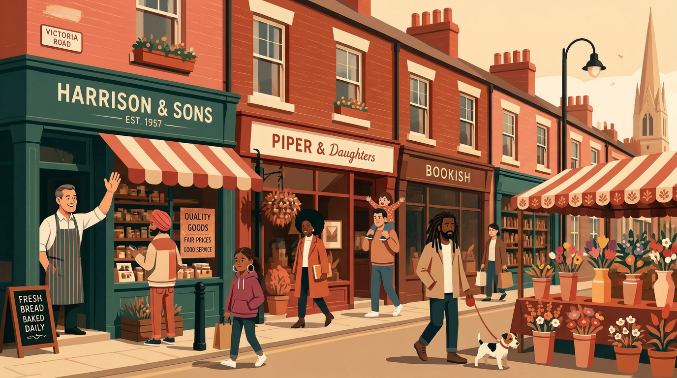 A British high street with people, market stalls and terraced shops