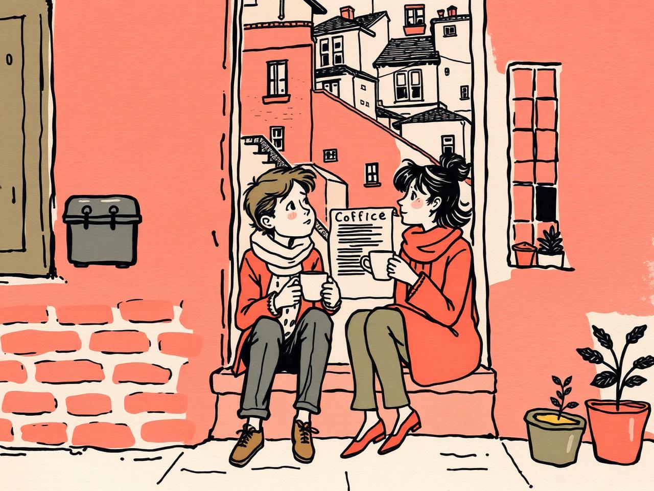 Two neighbours talking on a doorstep with cups of tea