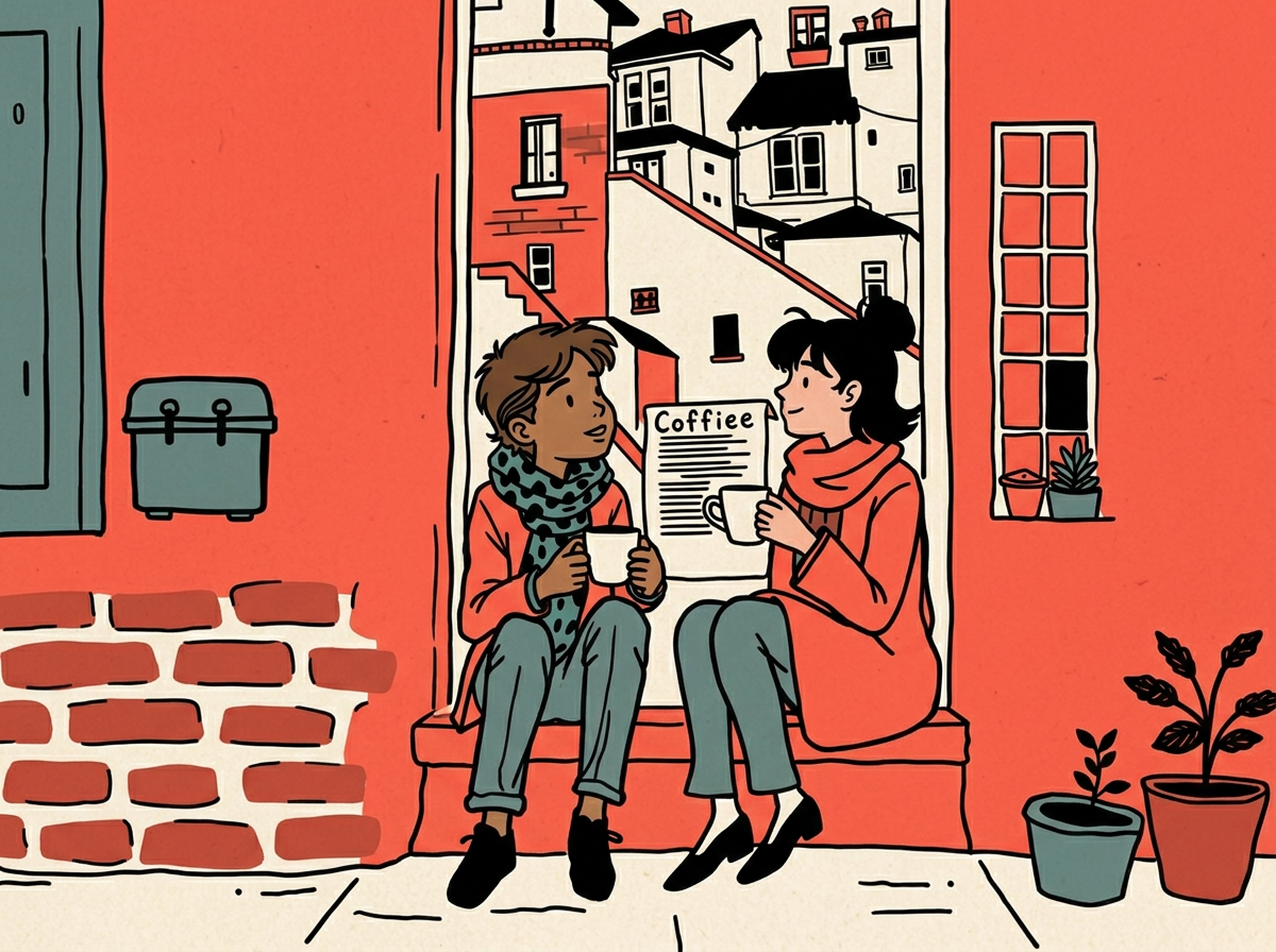 Two neighbours talking on a doorstep with cups of tea